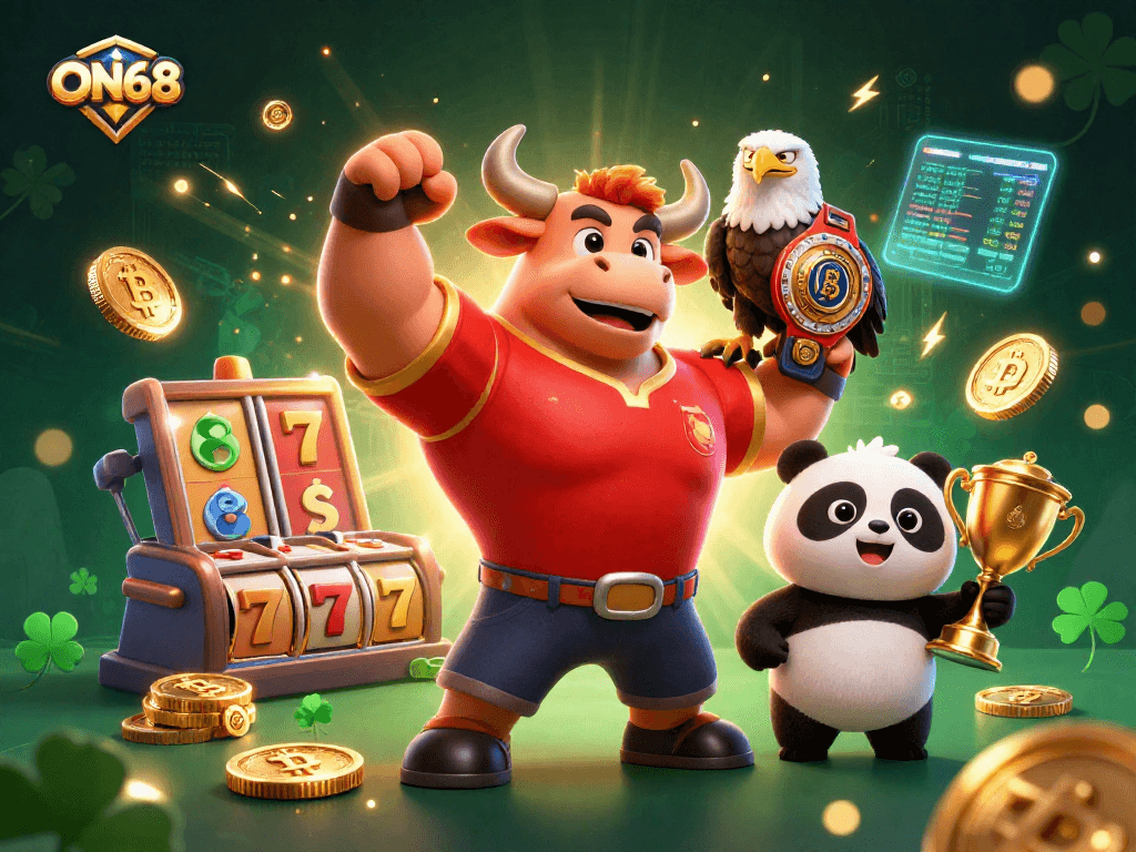 Engage in thrilling gaming at ON68 with a vibrant casino atmosphere featuring characters celebrating wins.