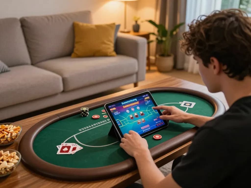 Engaged player enjoying gamebaidoithuong on a tablet in a cozy living room setting.