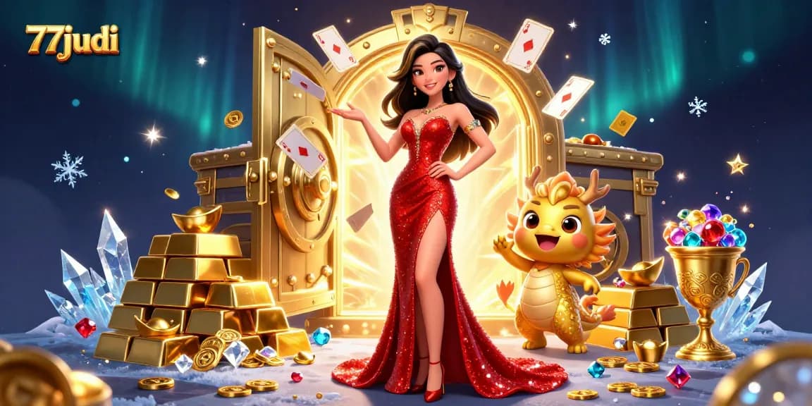Experience the thrill of 77judi at a vibrant, 3D casino celebration with golden treasures and epic games.