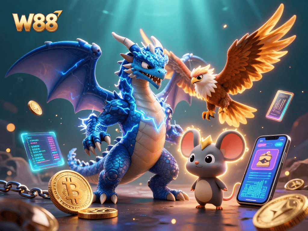 Experience thrilling gameplay at W88 with captivating casino characters and crypto elements.