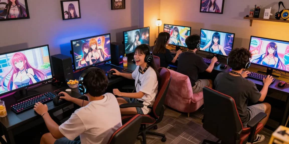 Friends enjoying ecchi games in a vibrant lounge setting, showcasing adult visual novels.