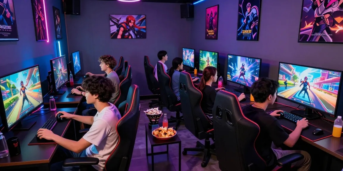 Dynamic NSFW game scene showcasing players enjoying adult-themed titles in a vibrant gaming lounge.