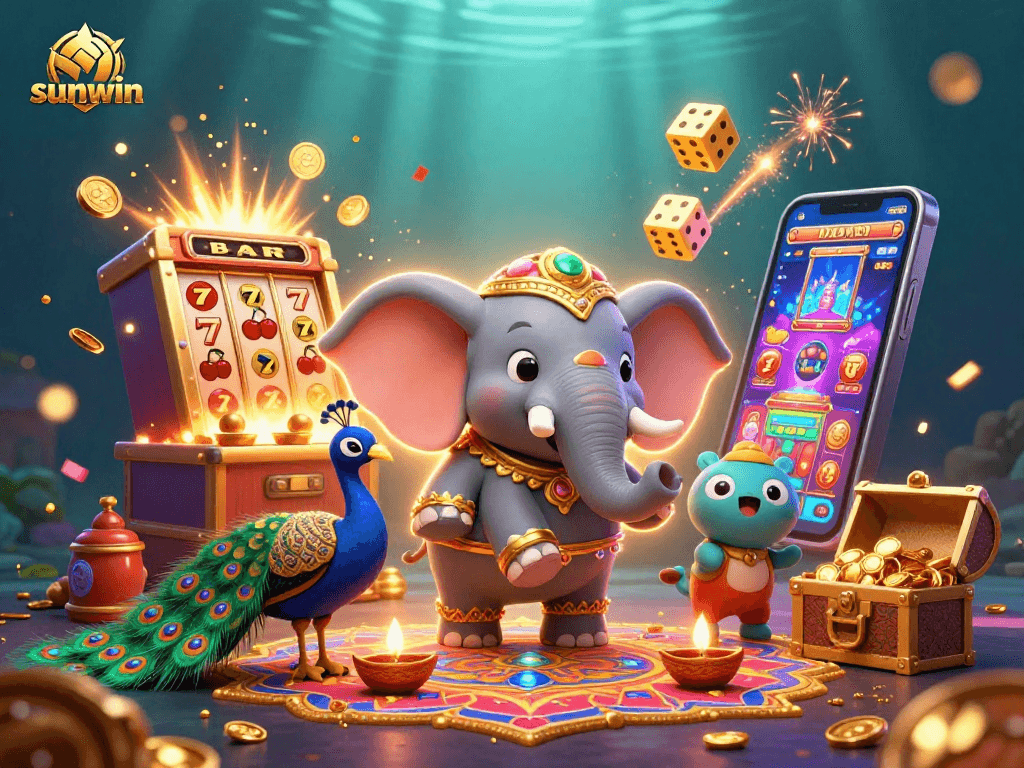 Win on sunwin with vibrant slots featuring an elephant, peacock, and jackpot fireworks.