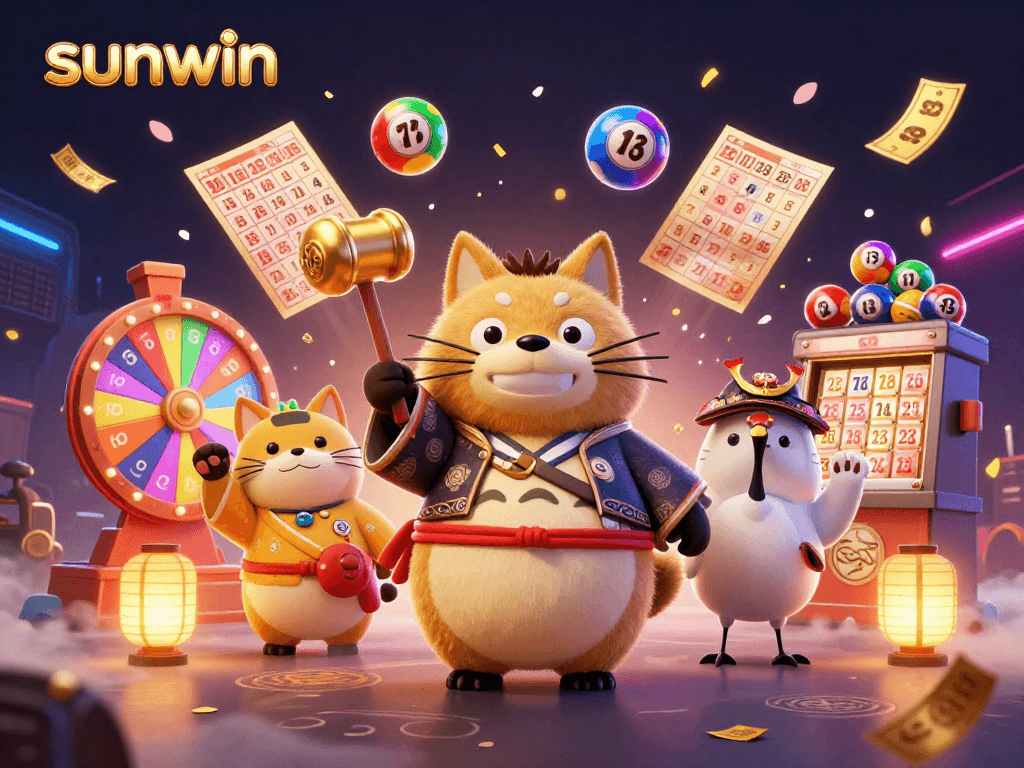 Win big with sunwin as the cheerful tanuki and fortune cats celebrate in a vibrant bingo scene.