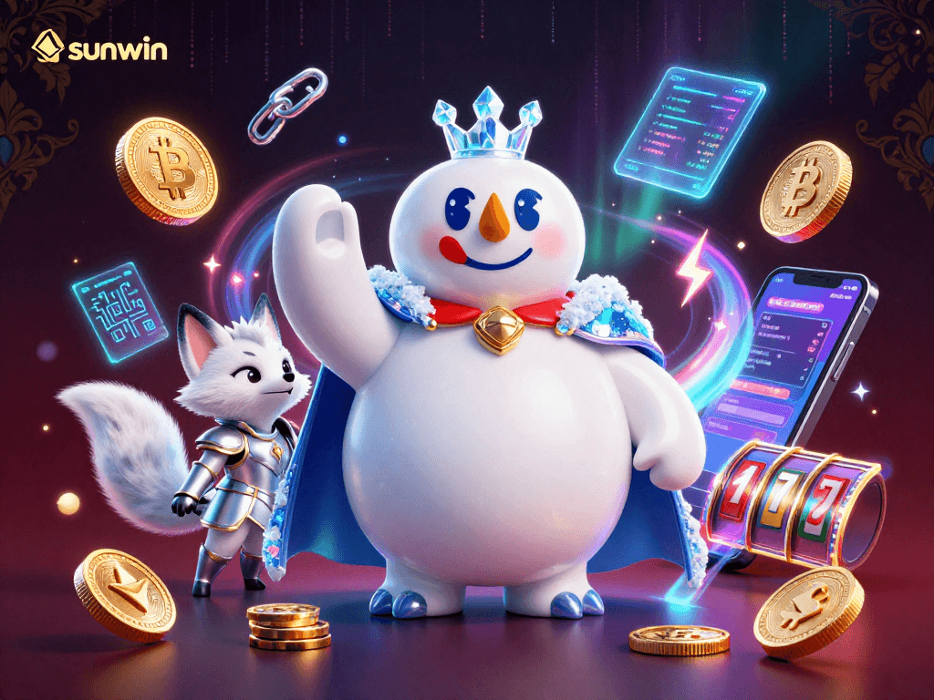 Engage with sunwin's immersive gaming scene featuring a cartoon polar bear and snow fox in a vibrant casino.