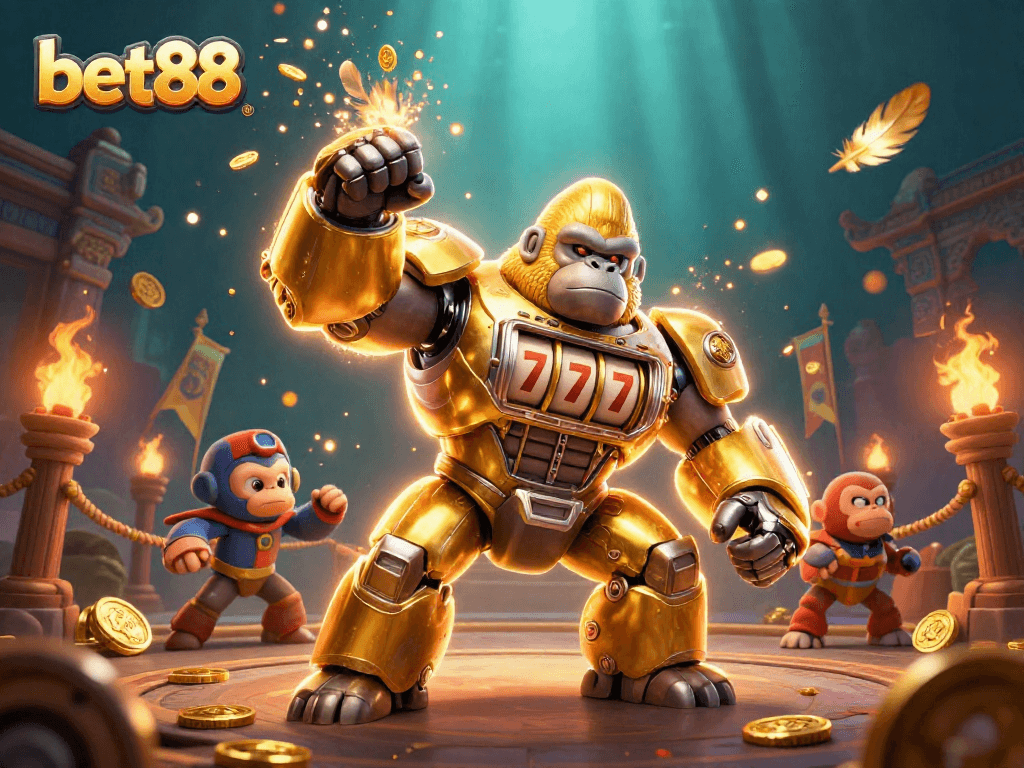 bet88 gaming experience featuring a golden gorilla mech in a vibrant casino setting