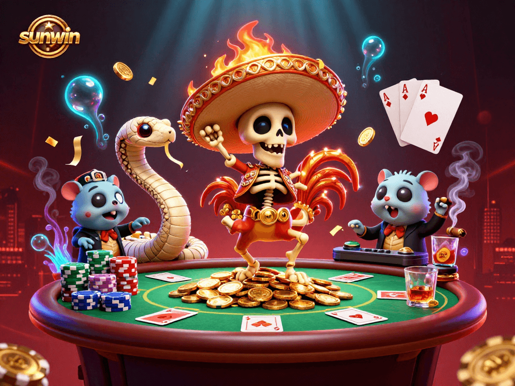 Experience thrilling wins with sunwin amidst dazzling poker chips and vibrant characters.