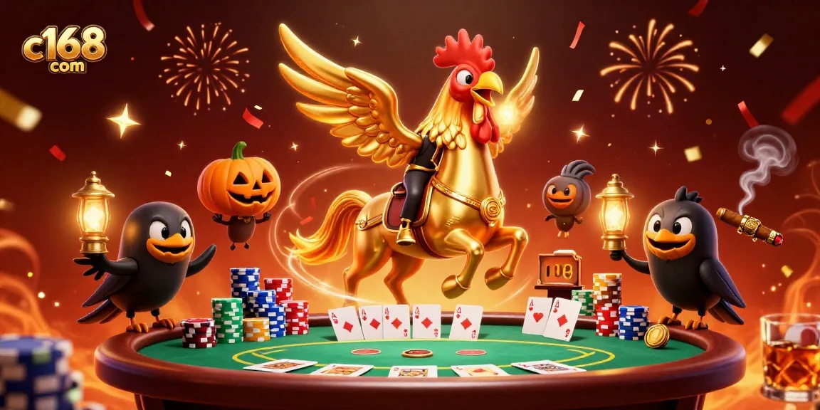 Experience thrilling casino adventures with c168com's vibrant digital illustration featuring a golden rooster in action.