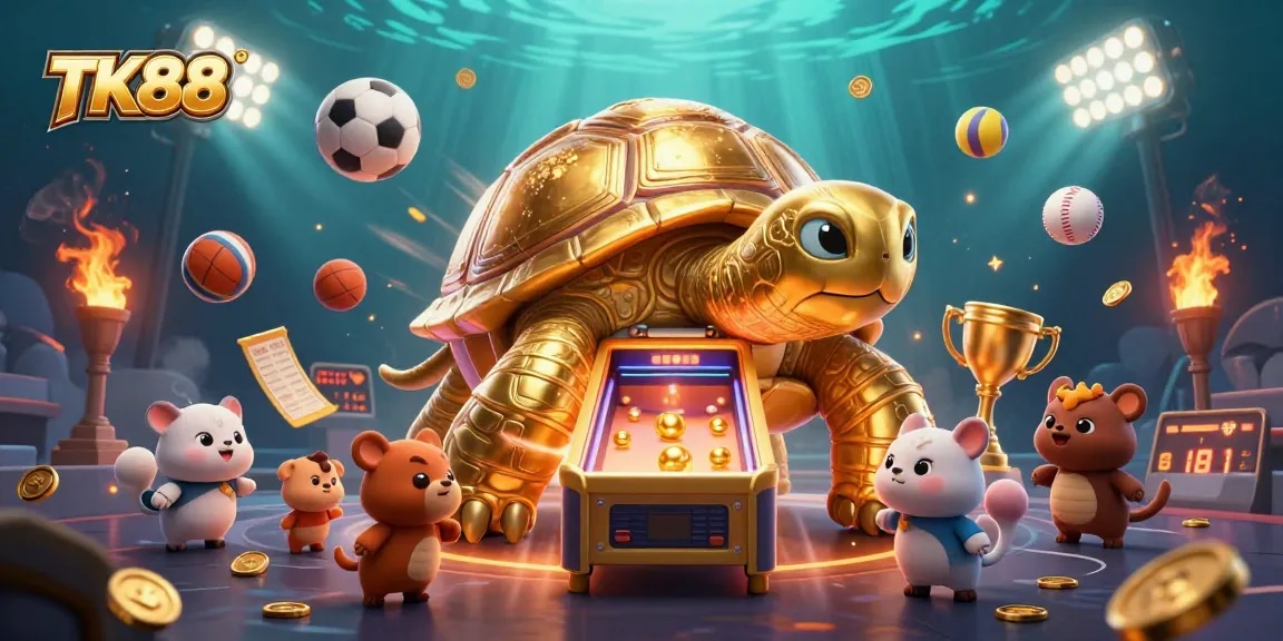 Engage with TK88 at a vibrant casino scene featuring a playful tortoise pinball machine.