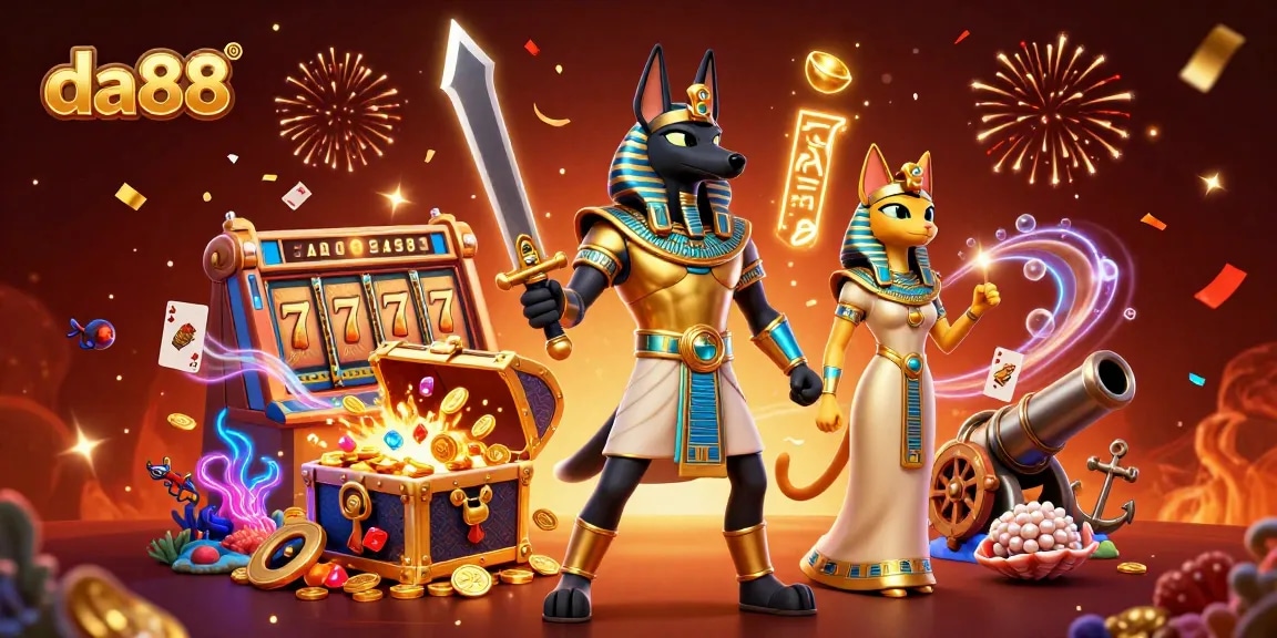 Explore rewarding moments at da88 with Anubis and Bastet celebrating jackpot excitement