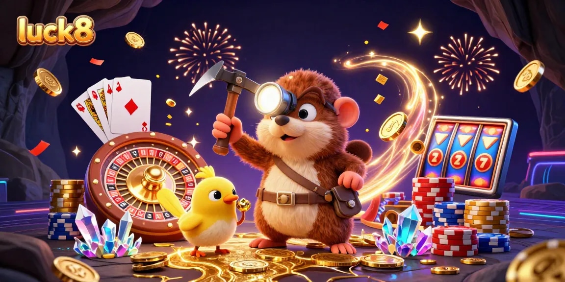 Experience luck8’s thrilling adventure with a treasure hunter mole amid sparkling gems and casino elements.