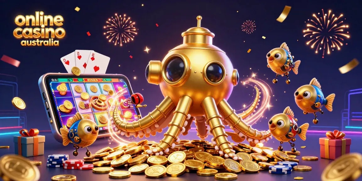 Experience excitement at the online casino australia featuring vibrant games, golden coins, and animated characters.