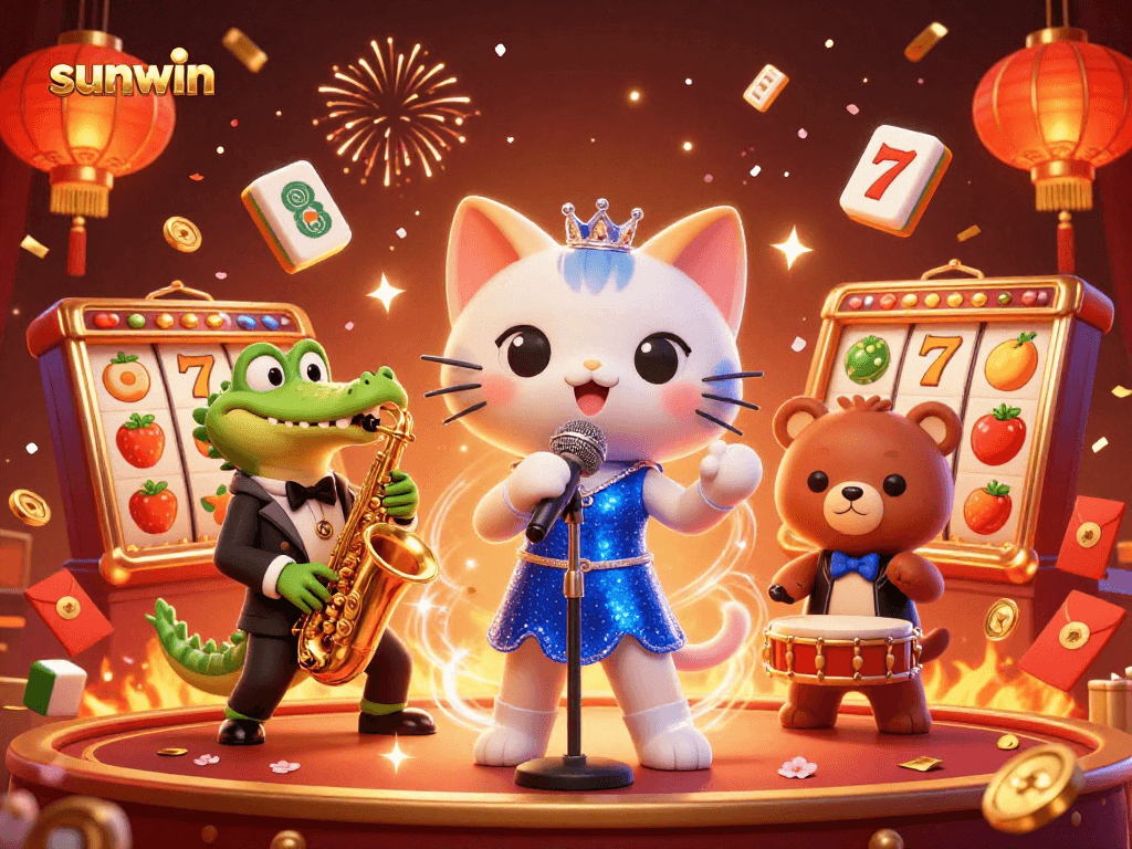 Experience the thrill of sunwin with vibrant casino characters and festive elements in this dynamic illustration.