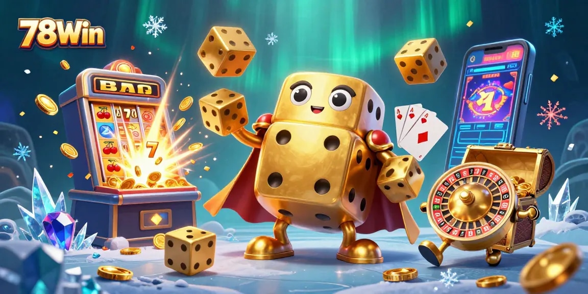 Experience the excitement of winning at 78Win with dynamic casino elements, golden dice, and vibrant graphics.