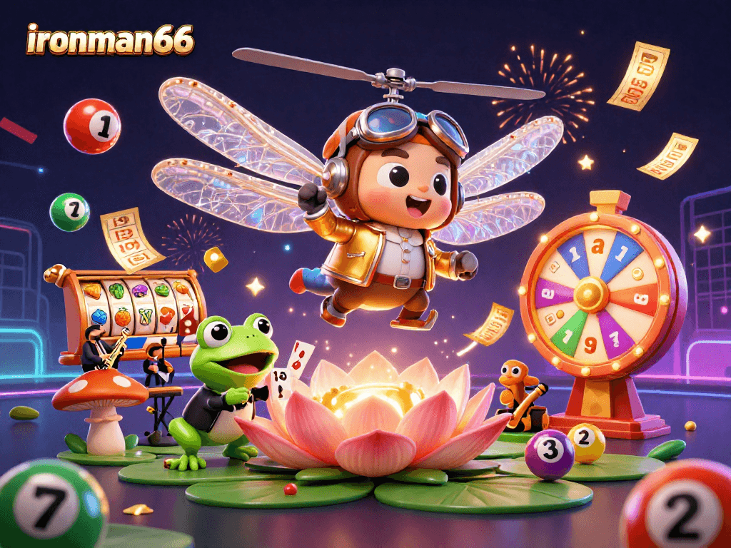 Experience exciting gameplay at ironman66 with a vibrant casino scene featuring slots, cards, and fun characters.