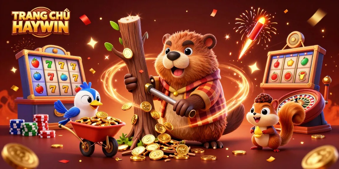 Experience the excitement of TRANG CHỦ HAYWIN with vibrant gold coins raining and characters engaged in thrilling casino action.