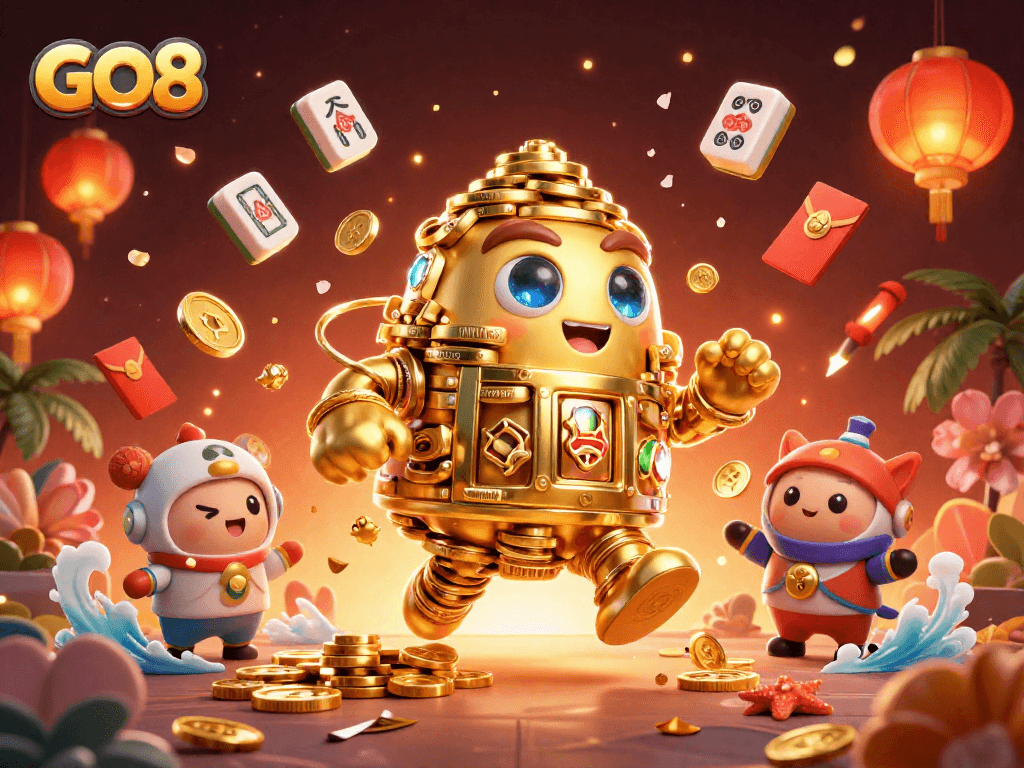 Spin reels with GO8's golden golem, surrounded by festive casino elements.