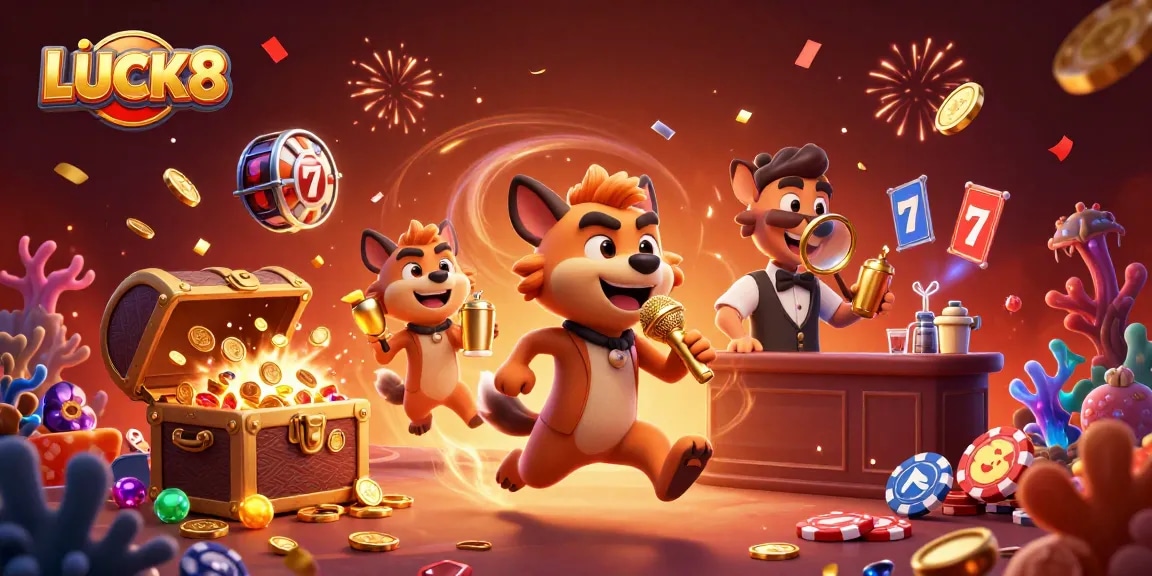 LUCK8 Hyenas bring casino fun with comedy and drinks in this vibrant 3D illustration.
