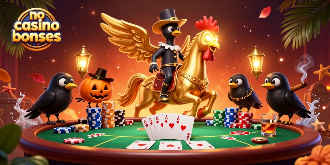 No deposit casino bonuses scene with a golden rooster, poker elements, and vibrant casino ambiance.