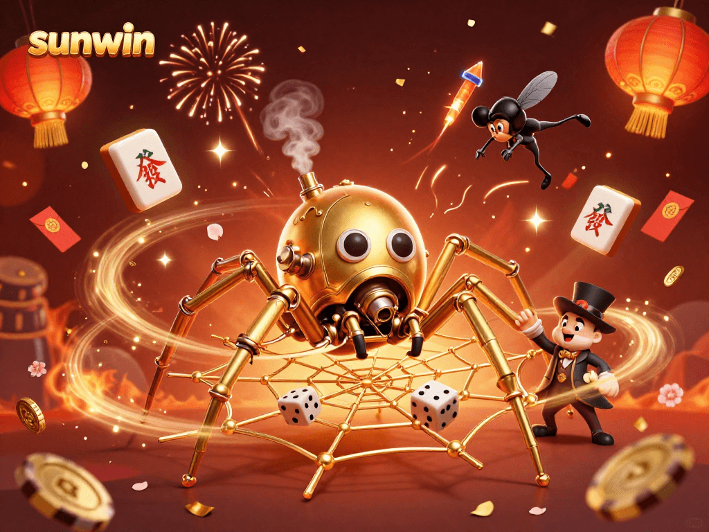 Experience sunwin's thrilling gaming, featuring an amusement-filled 3D casino scene with steampunk and festive elements.