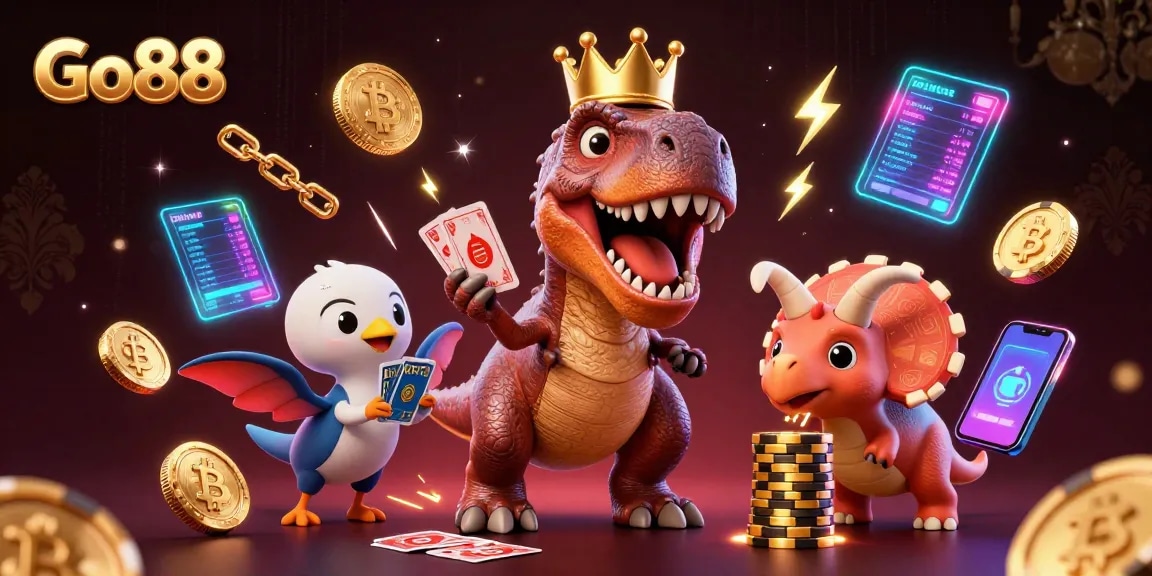 Enjoy vibrant gaming with Go 88 in a playful 3D dinosaur casino scene, featuring crypto elements.