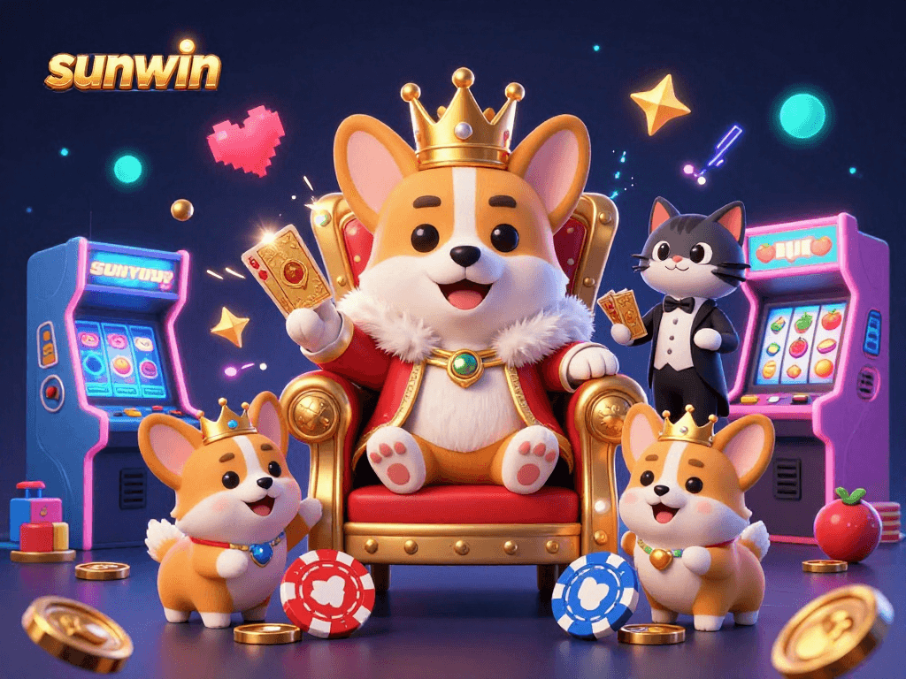 Experience the vibrant world of sunwin, where a royal corgi reigns on a throne of poker chips in a lively casino scene.