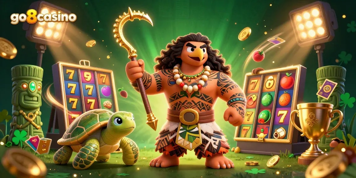 Engage with go8casino through vibrant slot games featuring a Polynesian demigod and rich gaming elements.