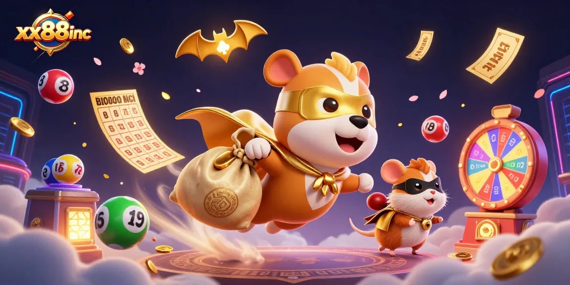 Win big with exciting games at xx88inc, featuring a cartoon superhero dog and vibrant lottery elements.