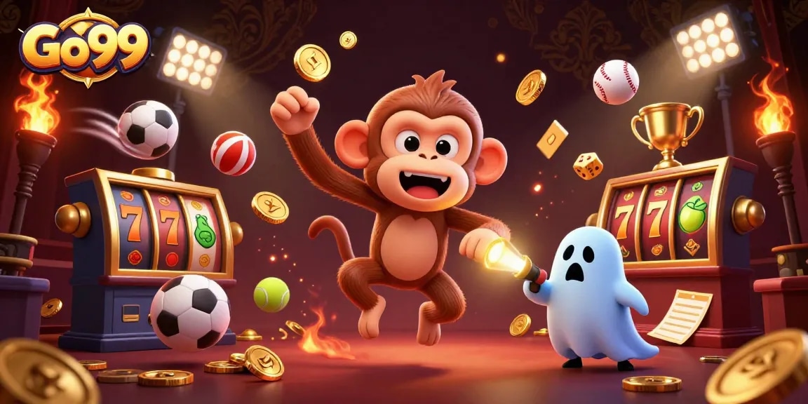 Go99 features a whimsical poltergeist monkey and a puppy exploring a haunted casino filled with golden winnings.