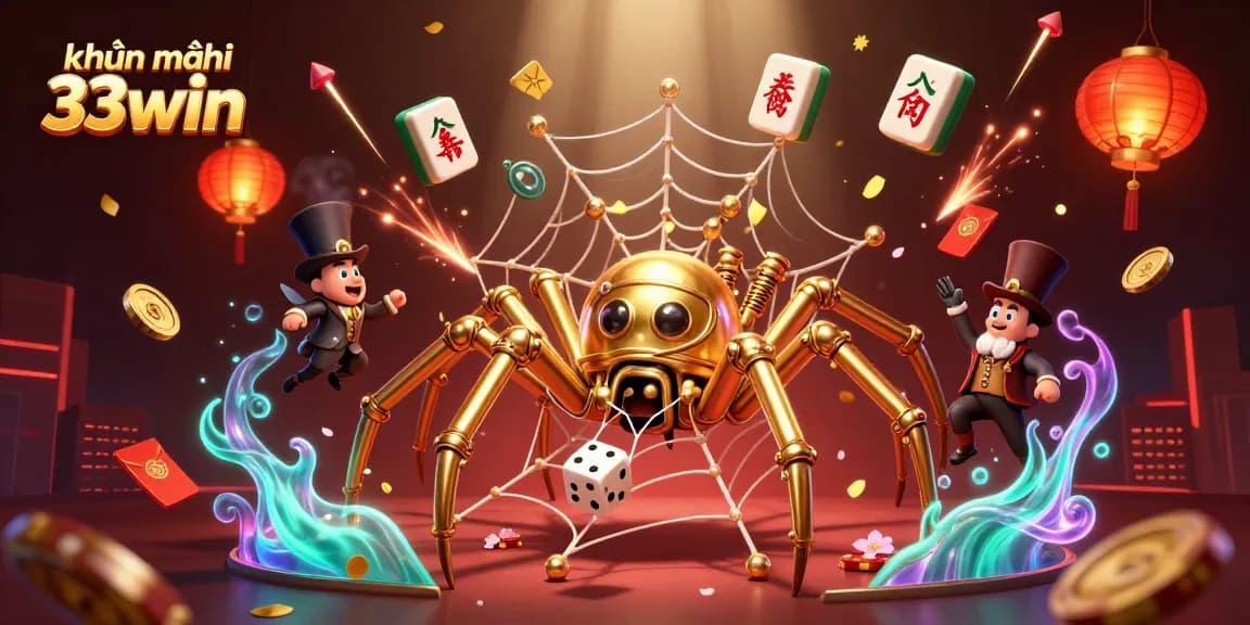 Experience khuyến mãi 33win with an engaging 3D set, featuring a steampunk spider and vibrant casino elements.