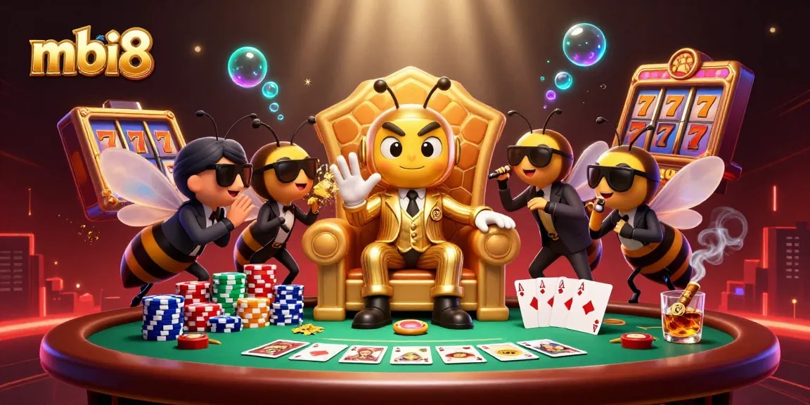 Play at mbi8 online casino featuring thrilling poker and slot games with a dynamic 3D illustration.