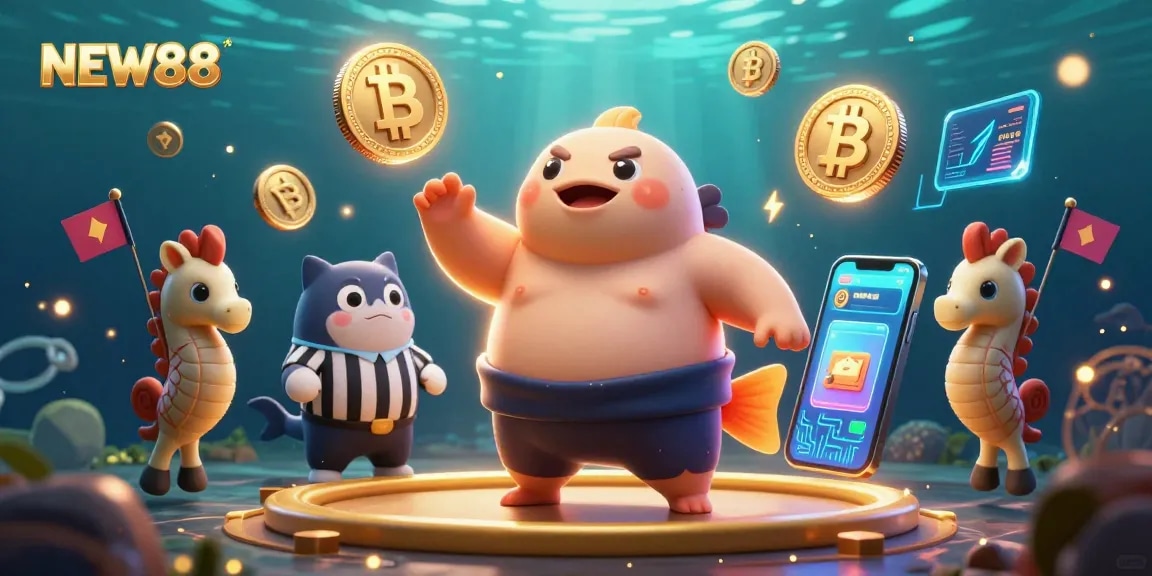 Experience thrilling action with NEW88 as the fugu fish battles in an underwater casino ring.