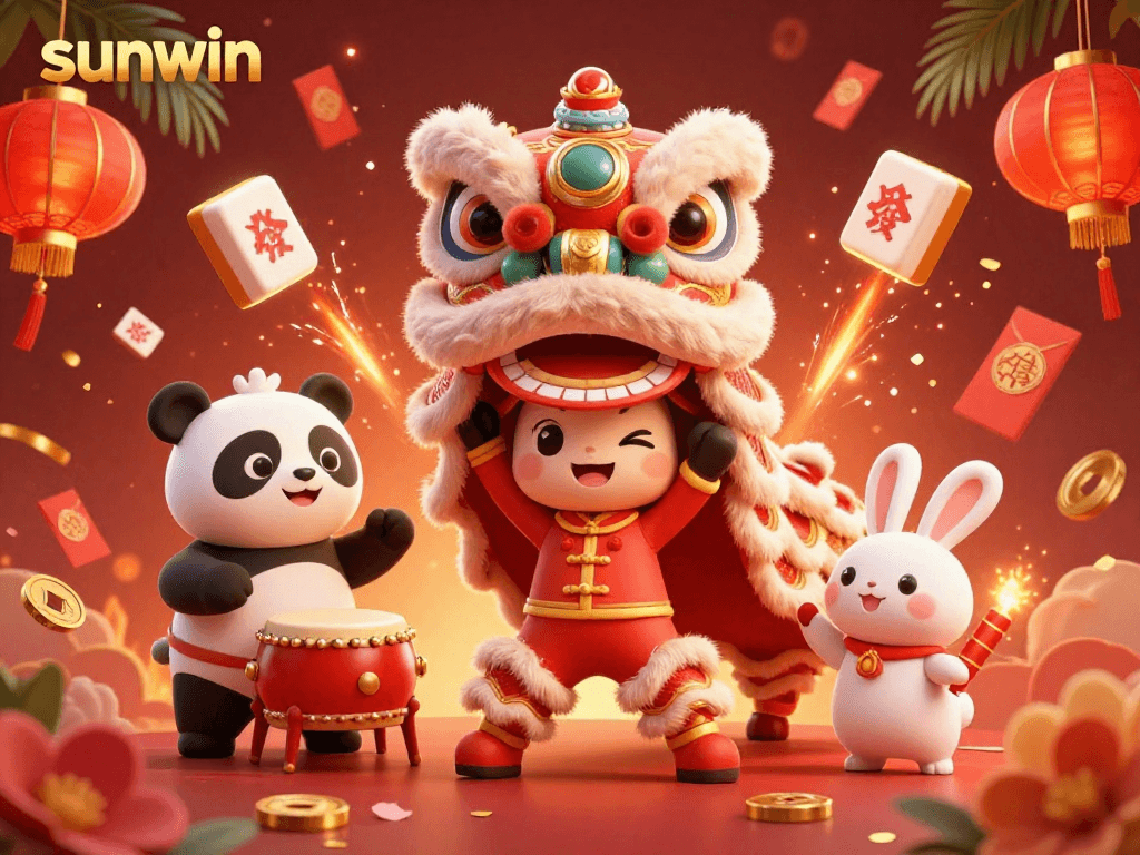 Experience the festive excitement of sunwin with engaging Chinese symbols and characters in lively 3D illustration.
