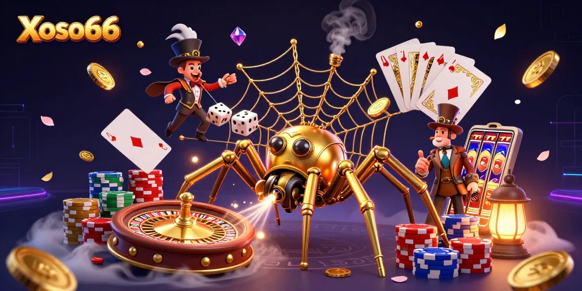 Xoso66 features a dynamic 3D scene showcasing unique steampunk elements, captivating gameplay symbols, and vibrant casino visuals.