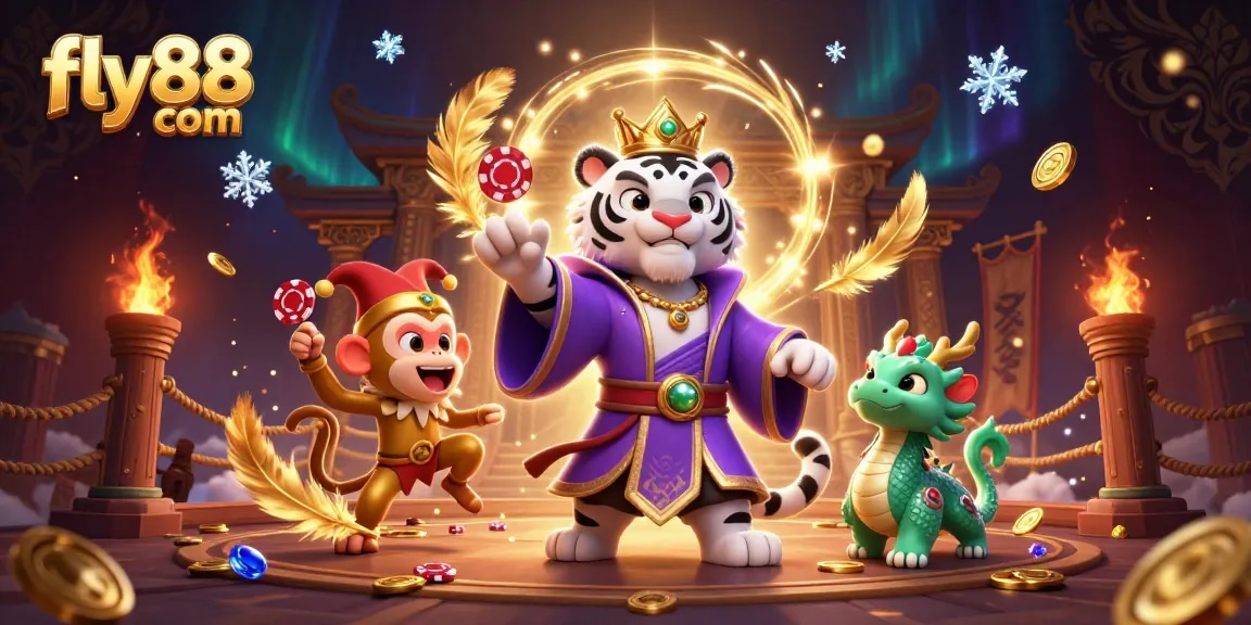 Experience the excitement of fly88 com with a playful golden monkey juggling poker chips in a vibrant casino scene.