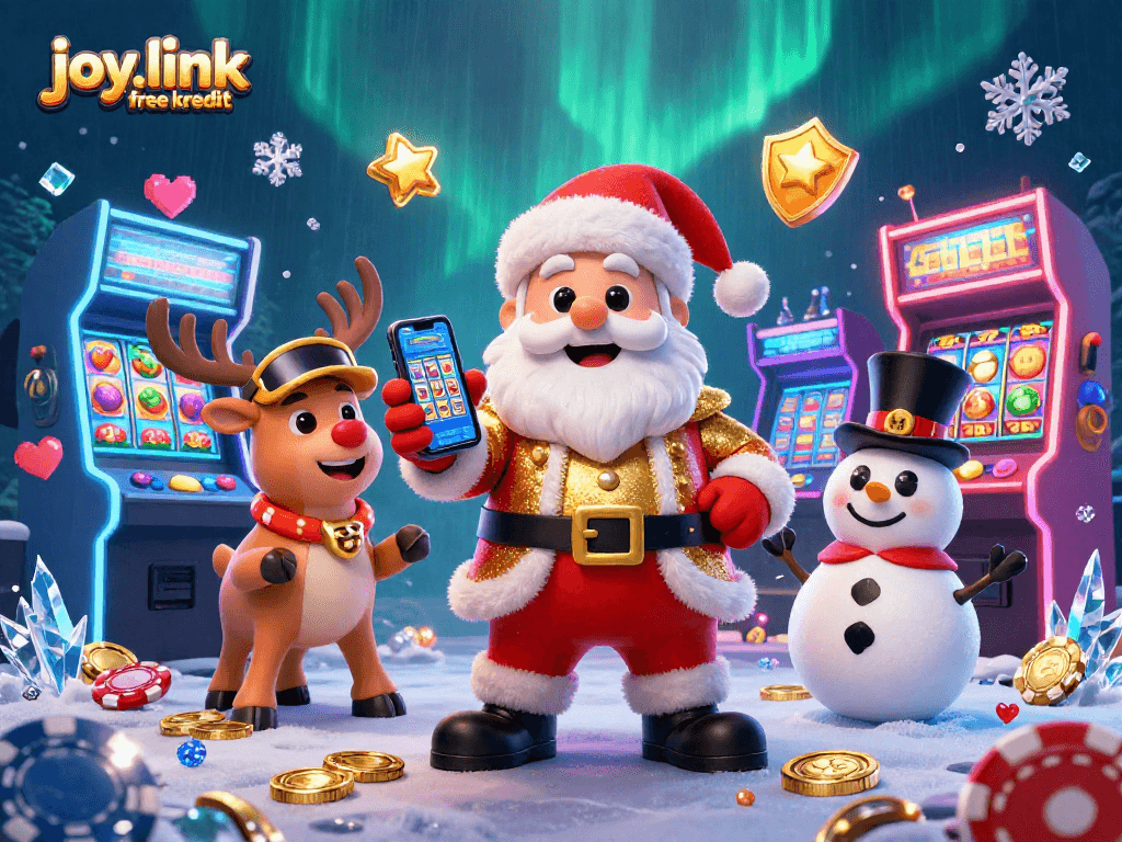 Engage with joy.link free kredit while enjoying a festive casino scene featuring Santa, a reindeer, and a snowman.