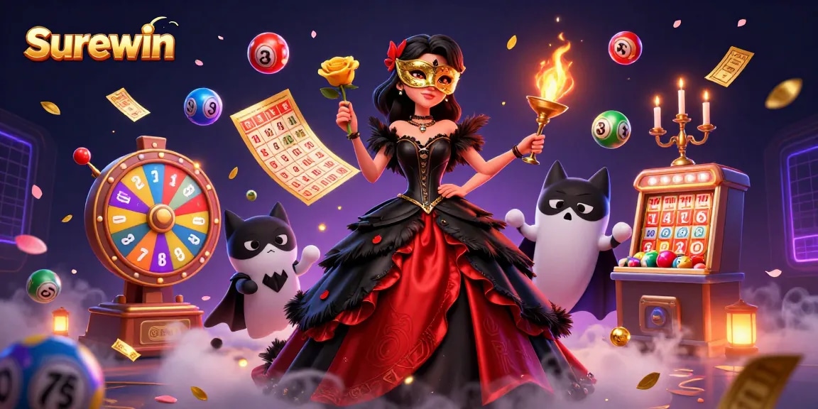 Experience exciting gameplay with Surewin as vibrant lottery elements burst around a glamorous scene.