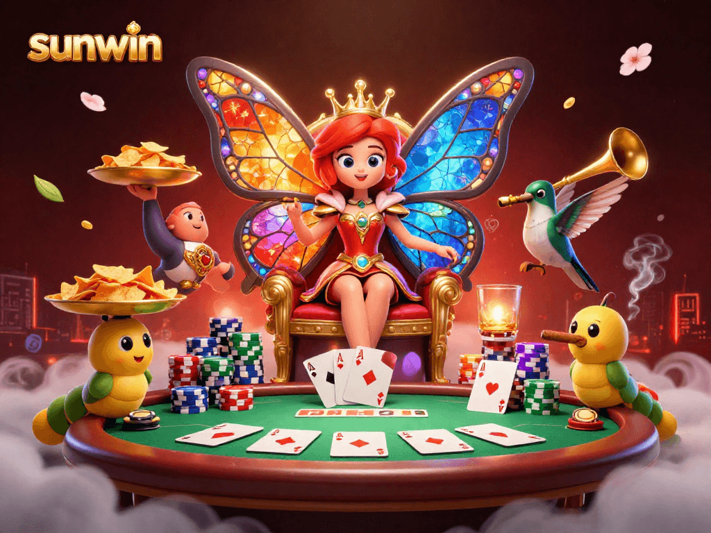 Join the excitement at sunwin with a vibrant digital illustration of a butterfly queen and poker elements.