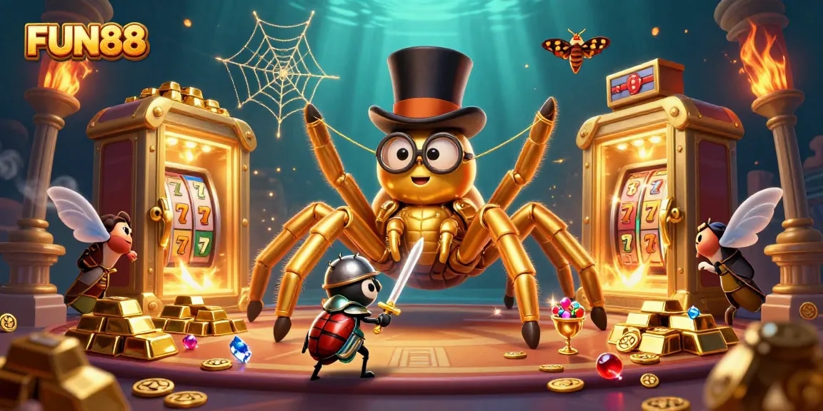 Engage in the thrilling experience of FUN88 with a vibrant illustration of a golden tarantula weaving luck in a casino.