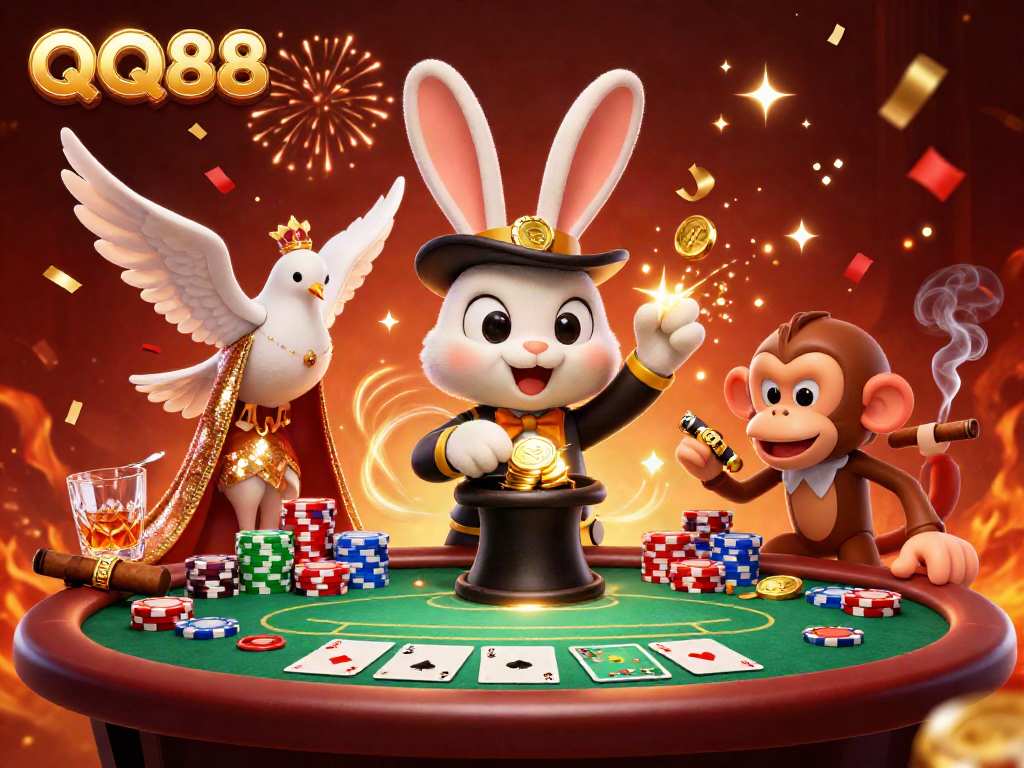 Experience QQ88's thrilling atmosphere with magical characters and poker elements in action.