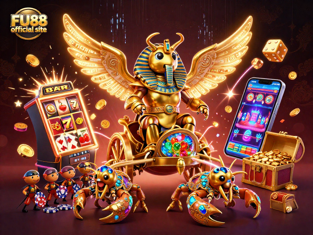 Experience excitement at FU88 official site with a visually stunning illustration of a golden scarab beetle and casino symbols.