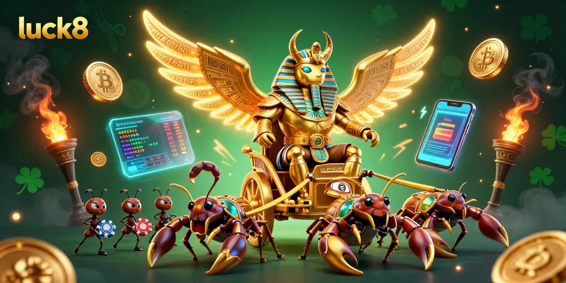 Engage with luck8's thrilling online casino experience featuring a golden scarab and scorpions.