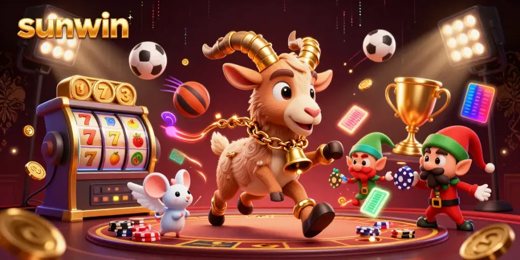 Experience the thrill of sunwin with a vibrant casino scene featuring festive characters and dynamic game elements.