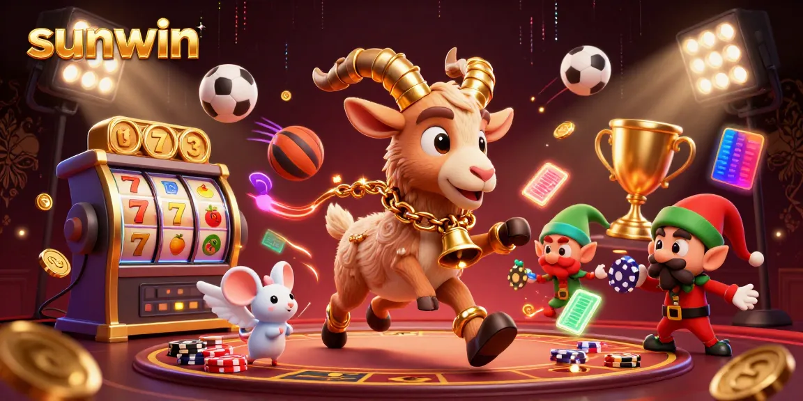 Experience the thrill of sunwin with a vibrant casino scene featuring festive characters and dynamic game elements.