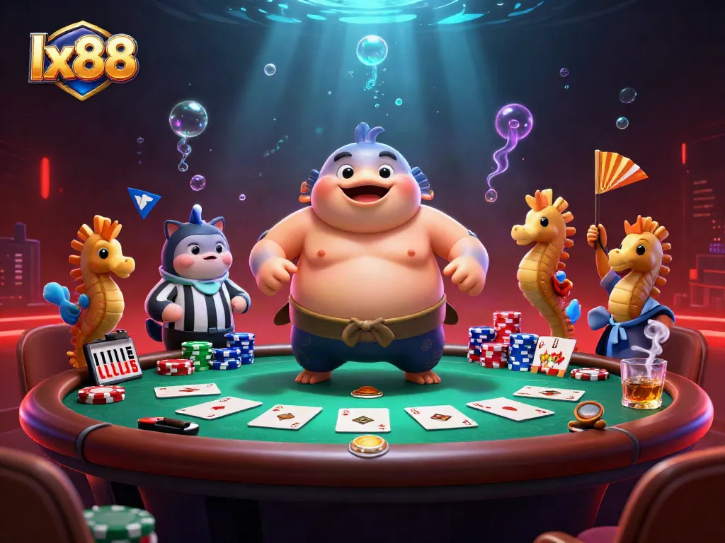 Experience thrilling poker action with lx88 featuring a sumo fugu, catfish referee, and vibrant game elements.