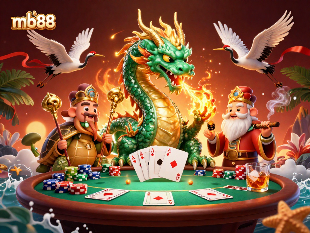Experience thrilling gameplay at mb88, where a jade dragon, turtle sage, and lucky cranes celebrate dynamic poker action.