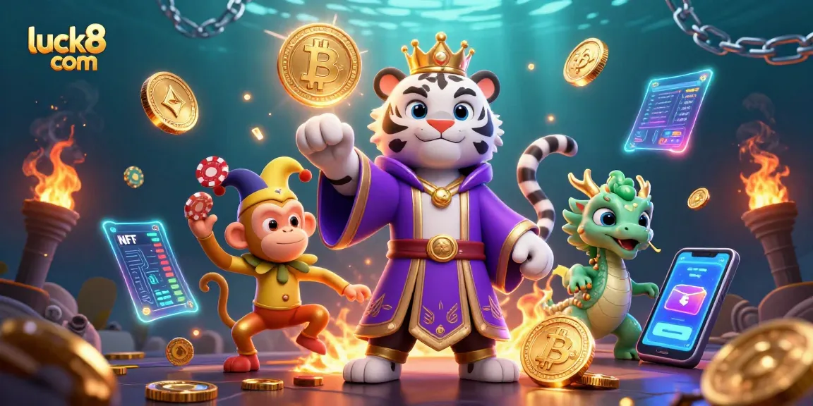 Juggle poker chips with the luck8 com characters in this vibrant casino-themed illustration.