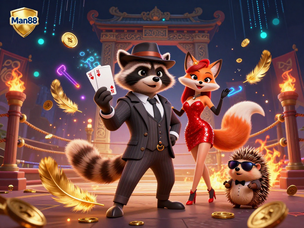 Experience the thrill of gambling with Man88 as a raccoon deals a royal flush in a vibrant casino scene.