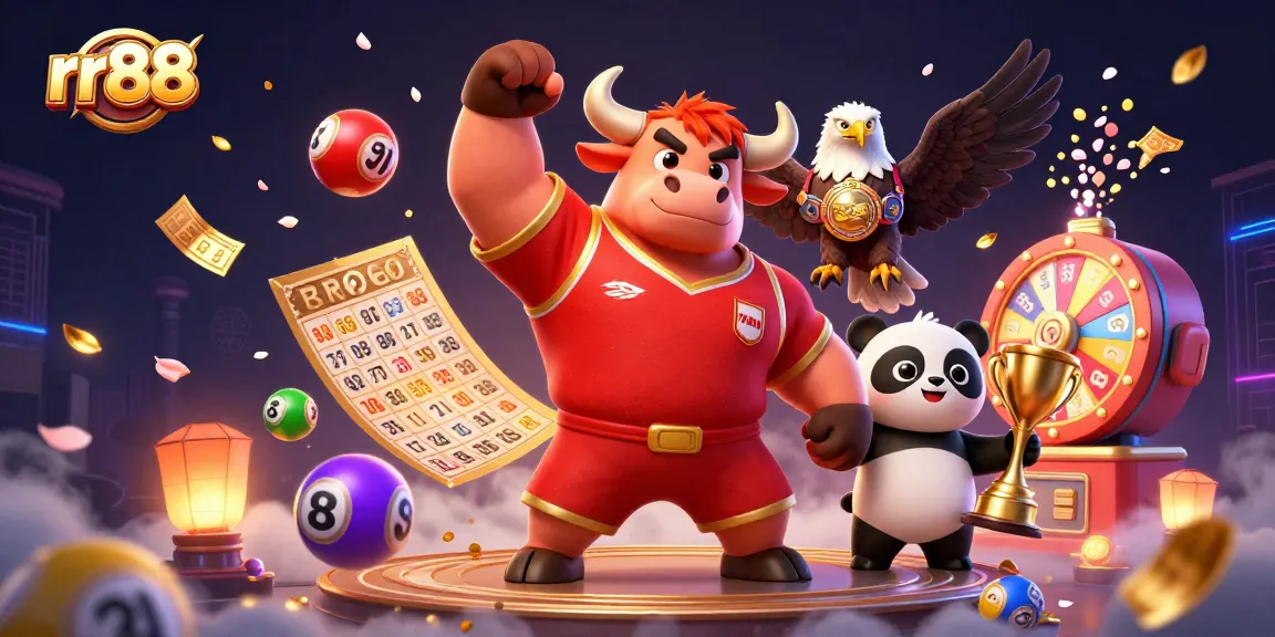 rr88 mascot characters celebrate with lottery games in a vibrant 3D casino scene