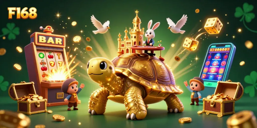 Experience F168's exciting casino scene with a golden tortoise, lively dealer, and jackpot action!